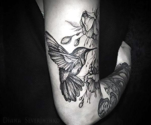 Black and Gray Hummingbird Tattoo on Arm Tattoo Idea