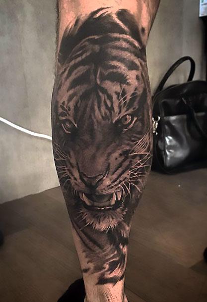Black and Gray Tiger on Calf Tattoo Idea