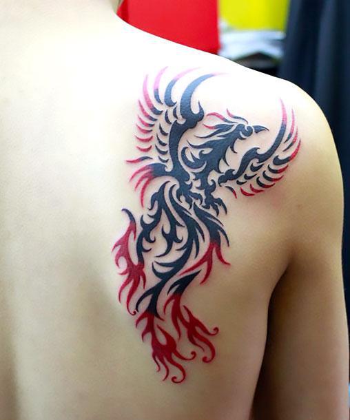 Black and Red Tribal Phoenix Tattoo Idea