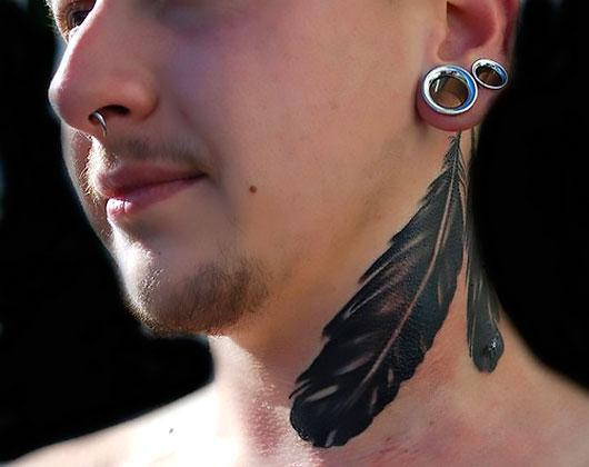 Black Feather on Neck Tattoo Idea