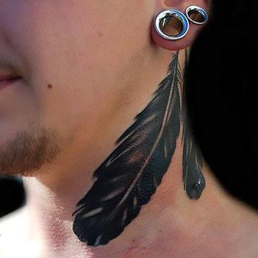 Black Feather on Neck Tattoo
