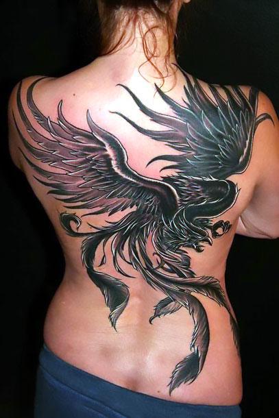 Black Phoenix on Back Tattoo Idea