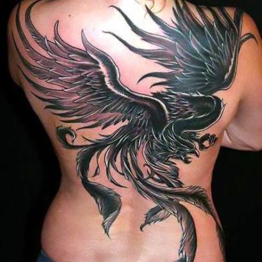 Black Phoenix on Back Tattoo