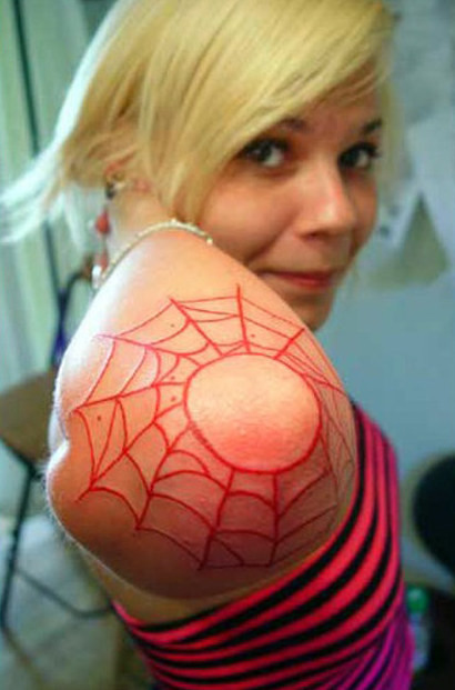 Red Ink  Spider Web On Elbow Tattoo Idea
