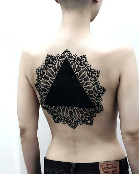 Blackwork Triangle Tattoo on Back Tattoo Idea