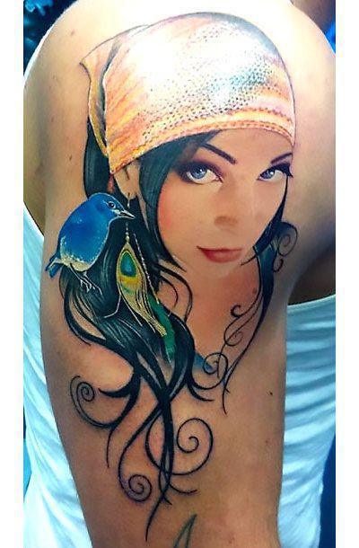 Bluebird and Girls Face Tattoo Idea