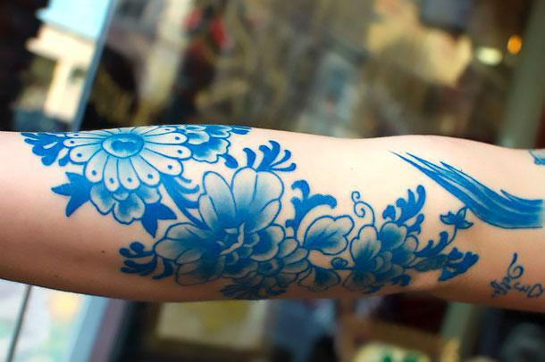 Blue Ink Flowers Tattoo Idea