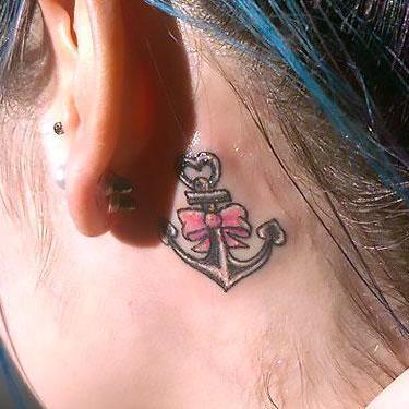 Bowed Anchor Behind Ear Tattoo