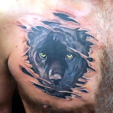 Black Ink Panther Head on Chest Tattoo Idea