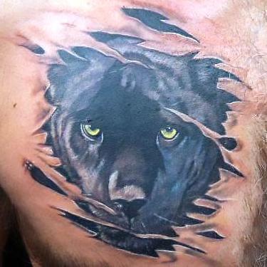 Black Ink Panther Head on Chest Tattoo