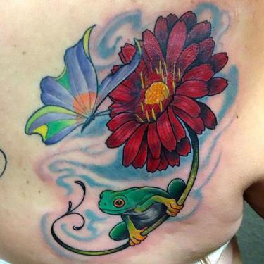 Butterfly Flower and Frog Tattoo