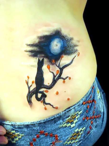 Cat and Moon on Hip Tattoo Idea