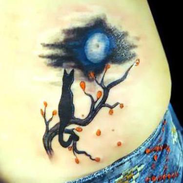 Cat and Moon on Hip Tattoo