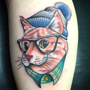 Cat on Calf Tattoo