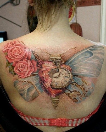 Roses Butterfly Clock Tattoo Idea