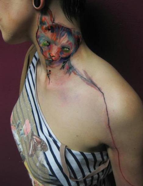 Watercolor Cat on Neck Tattoo Idea