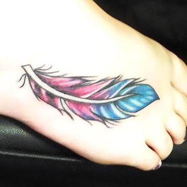 Colorful Feather on Foot Tattoo