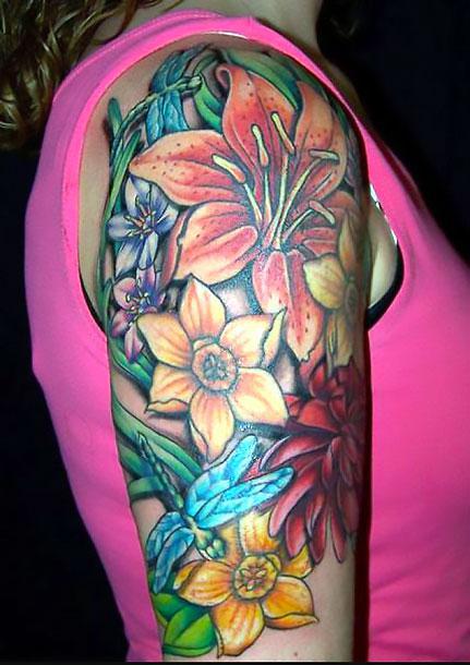 Colorful Lily Half Sleeve Tattoo Idea