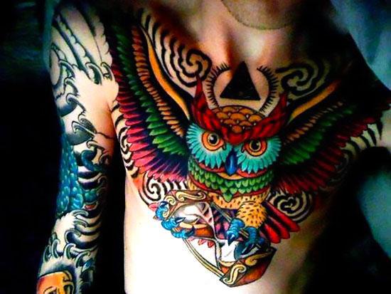 Colorful Owl on Chest Tattoo Idea