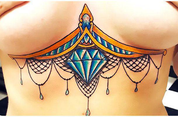 Colorful Under Boob Diamond Tattoo Idea