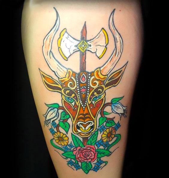 Colorful Bull Head Tattoo Idea