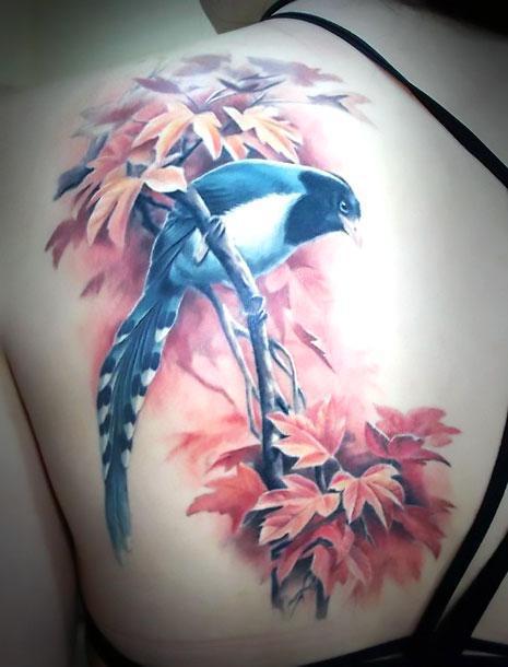 3D Bird in Leaves Tattoo Idea