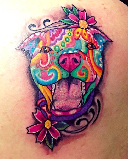 Colorful Pitbull Tattoo Idea