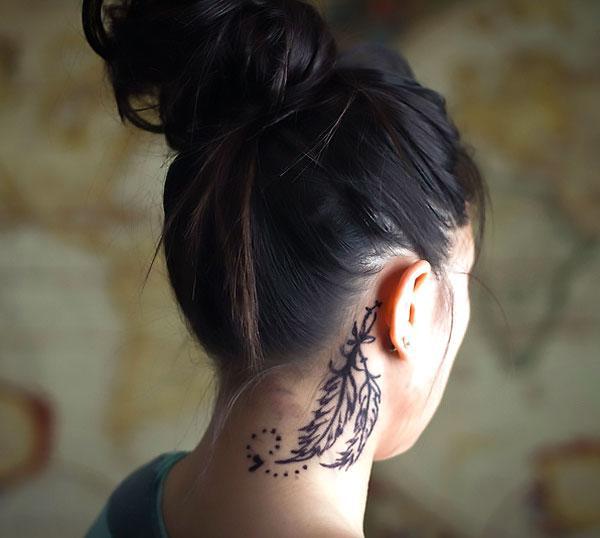 Cool Feathers Behind Ear Tattoo Idea