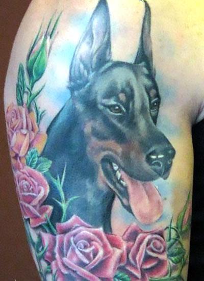 Doberman Dog and Roses Memorial Tattoo Idea