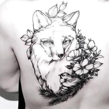 Fox Head With Bird and Flowers Tattoo