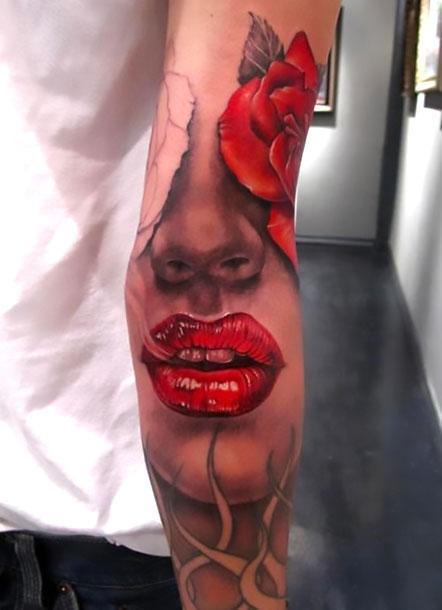 Cool Lips on Elbow Tattoo Idea