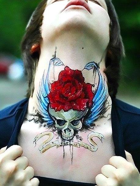 Cool Skull and Rose on Neck Tattoo Idea