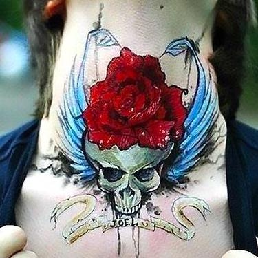 Cool Skull and Rose on Neck Tattoo