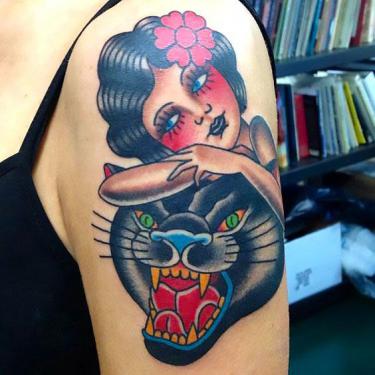 Old School Panther and Girl Tattoo