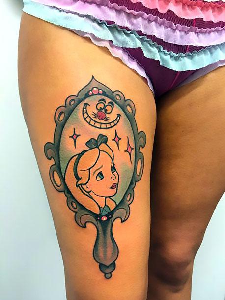 Alice and Cat on Thigh Tattoo Idea