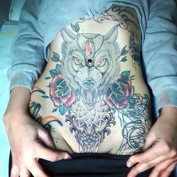 Cool Wolf Tattoo on Stomach for Girls Tattoo Idea