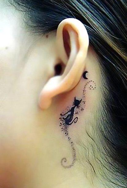 Cute Cat Behind Ear Tattoo Idea