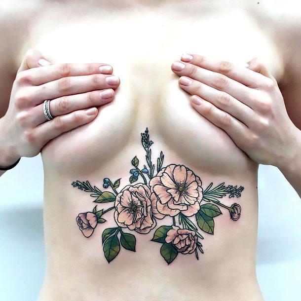 Cute Under Breast Flowers Tattoo Idea