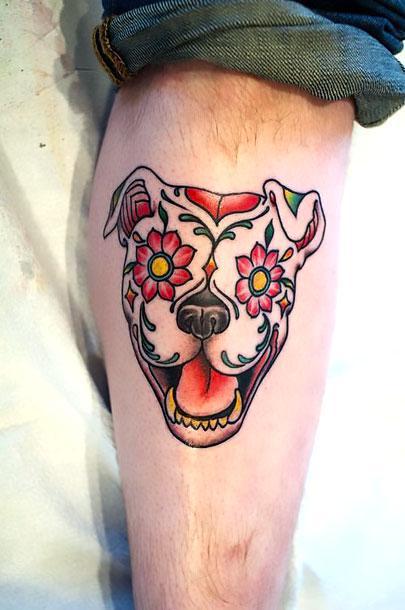 Sugar Skull Pitbull Tattoo Idea
