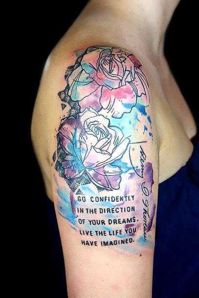 Watercolor Flowers on Shoulder Tattoo Idea