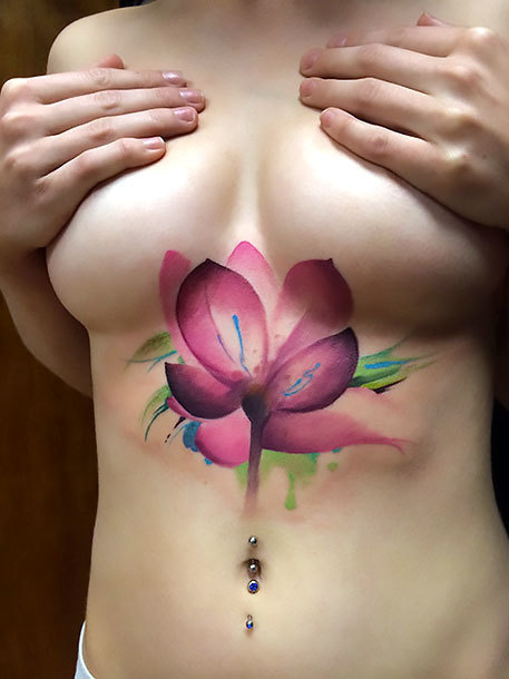 Watercolor Flower Under Breast Tattoo Idea