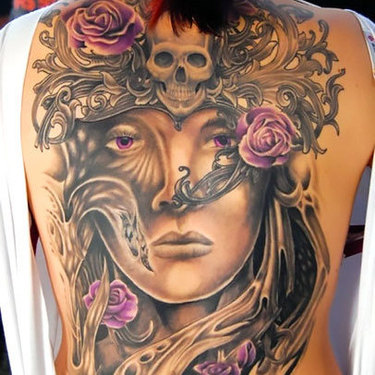 Girl Face on Back Tattoo