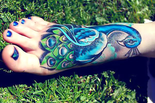 Great Peacock on Foot Tattoo Idea