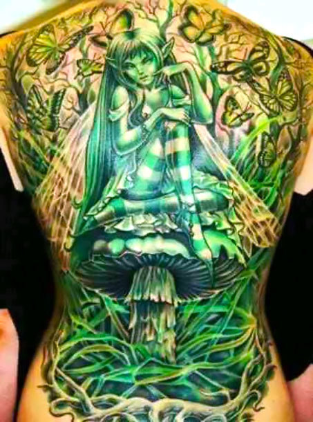Green Fairy Tattoo on Full Back Tattoo Idea