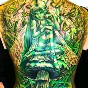 Green Fairy Tattoo on Full Back Tattoo