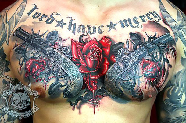 Guns and Rose on Chest Tattoo Idea
