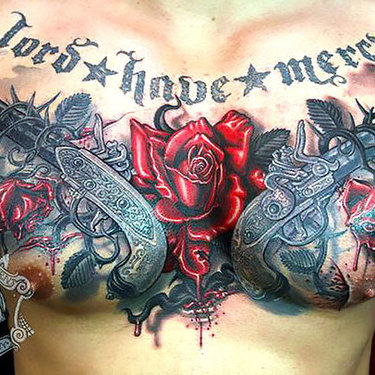 Guns and Rose on Chest Tattoo
