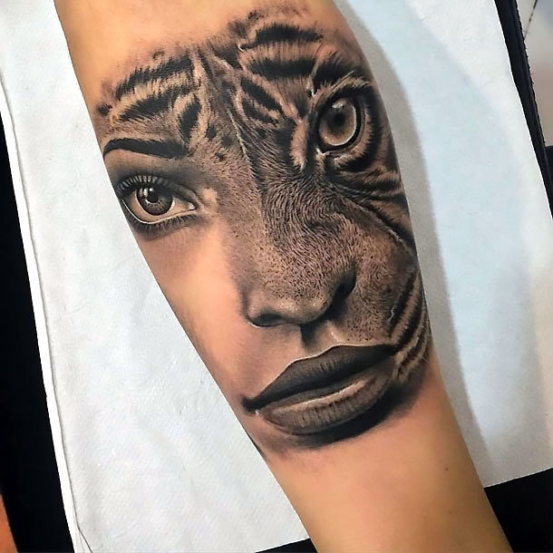 Half Lion Face on Forearm Tattoo Idea