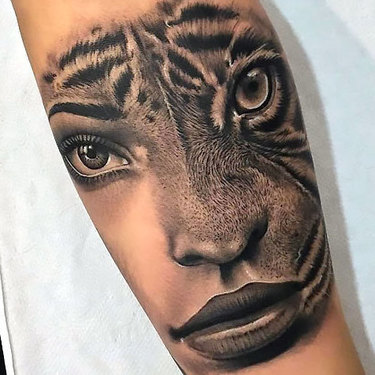 Half Lion Face on Forearm Tattoo