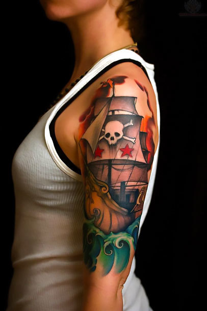 Half Sleeve Pirate Ship for Girl Tattoo Idea